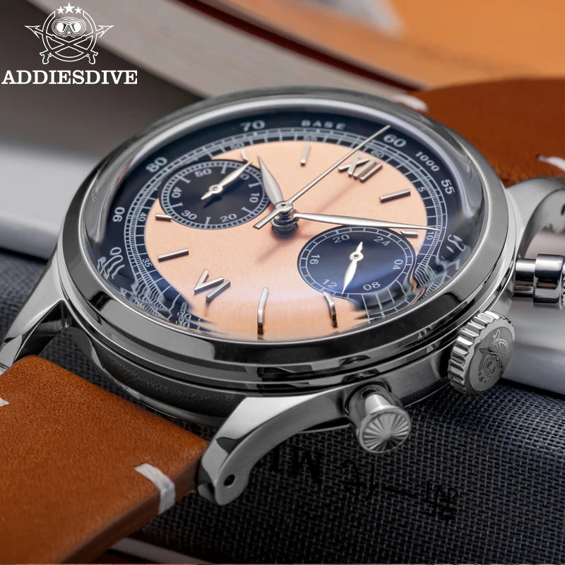 ADDIESDIVE 38MM AD2037 Men Multifunctional Chronograph Watches 10Bar Diving Leather Belt Timing Clocks Quartz Watch Relogios