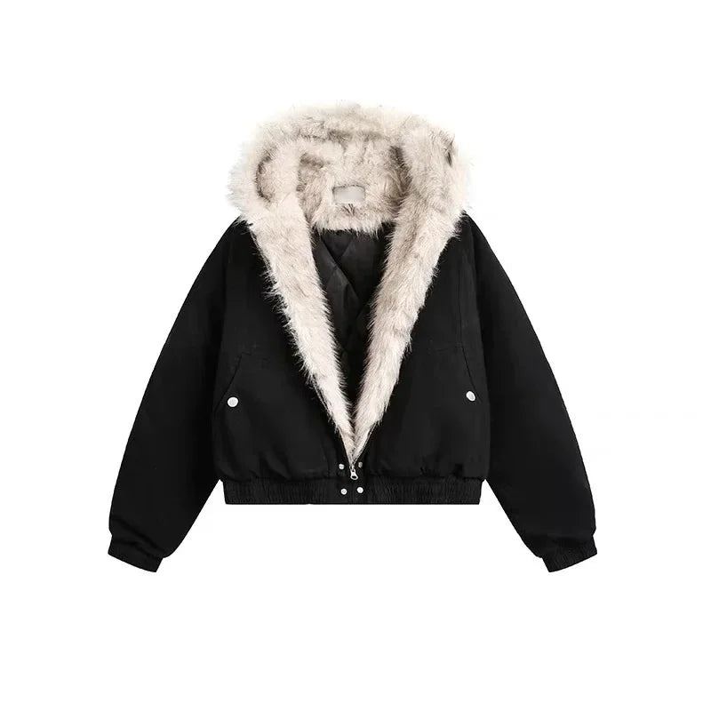 Y2K American Black Retro Wool Collar Thickened Cotton Jacket Men And Women Fashion Punk Vintage Streetwear Loose Casual Jackets