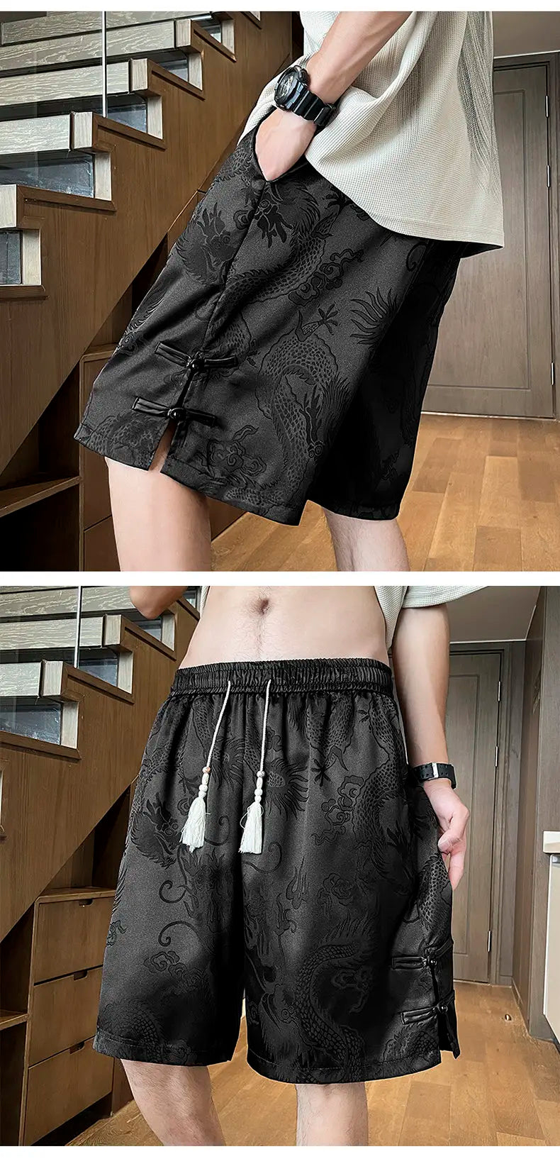 Men's Dragon Print Twill Shorts | Plus Size M–5XL