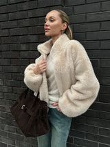 Bornladies New Women's Faux Fur Jacket Zipper Warm Plush Coat Oversized Soft Fluffy Stand Up Collar Autumn Winter Casual Jacket