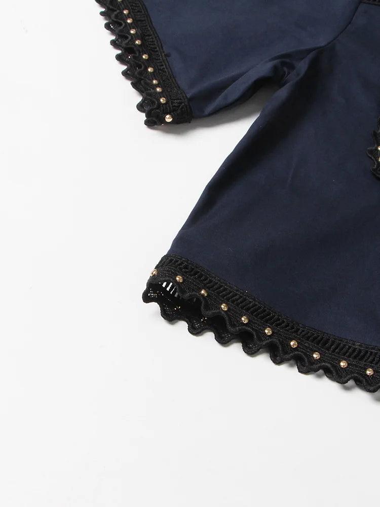 TWOTWINSTYLE Solid Two Piece Sets For Women Lapel Short Sleeve Tops High Waist A Line Skirt Slimming Sets Female Fashion Style