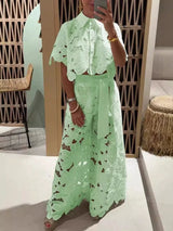 Women Set Short Sleeved Blouse Tops + Tie-up Pants Two Peics set Lace Outfit Embroidery 2025 New Retro Hollow Temperament Suit