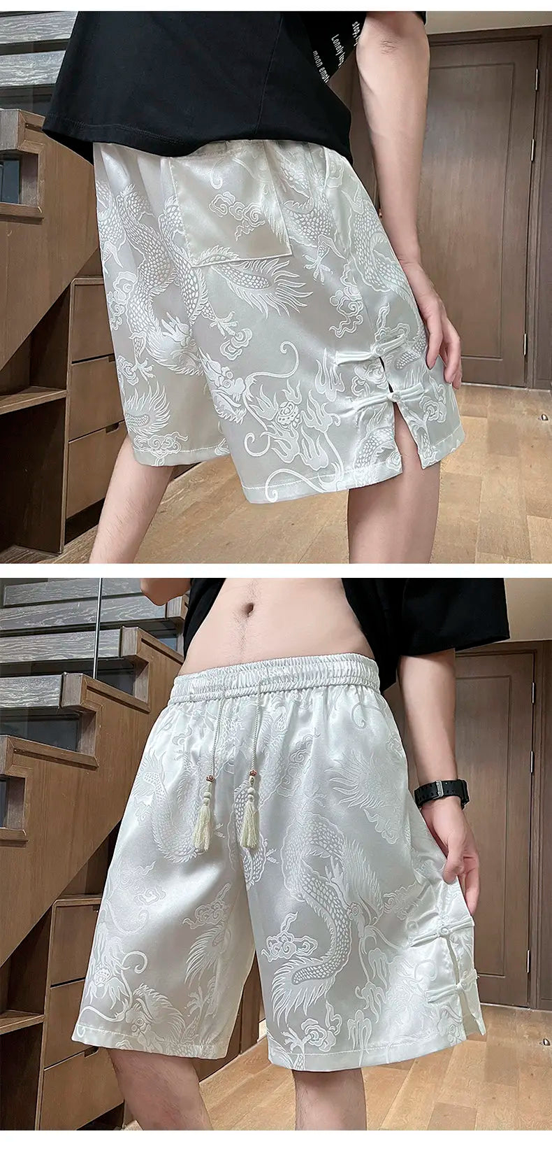 Men's Dragon Print Twill Shorts | Plus Size M–5XL