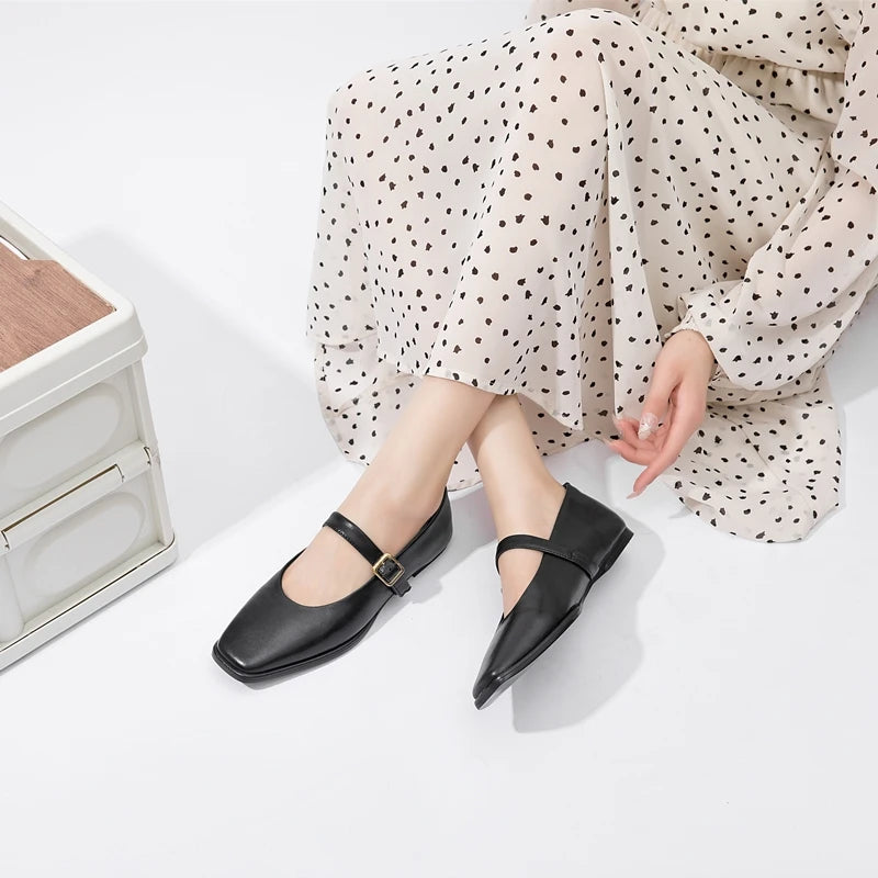 AIYUQI Mary Jane Ballet Flats | Genuine Leather Square Toe