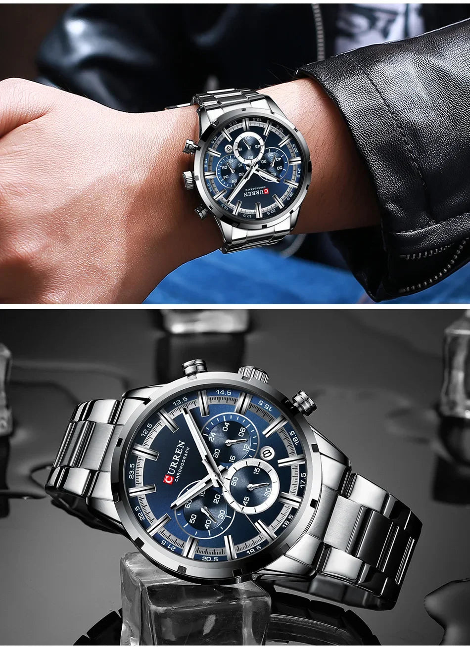 Men's six-needle multifunctional watch Waterproof calendar round strap stainless steel strap date men's business men's watch
