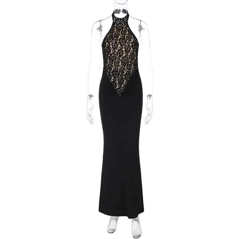 Lace Halter Backless Maxi Dress - Off-Shoulder Bodycon Party Gown