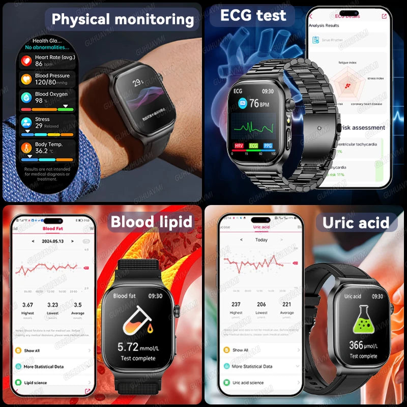 2026 New Accurate Measurement Health Smart Watch ECG+PPG Uric Acid Blood Pressure Blood Lipids BT Call Smartwatchs For Men Women