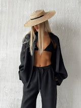 Bornladies Cotton Casual Pants Sets Women's Solid Color Cozy Lapel Long Sleeve Shirt Summer Outfit Elastic Waist Pants Suits