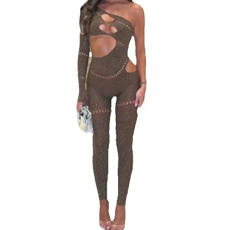 Women's Rhinestone Patchwork Hollow-Out Single Sleeve Jumpsuit