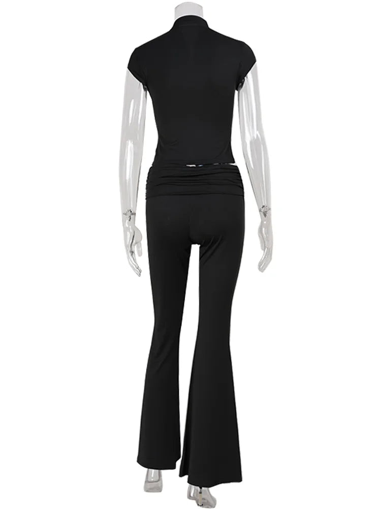 Ahagaga Sexy Women's Sets Short Sleeves Hollow Out Skinny Zipper Basic 2Pcs (Tops+Long Pants) High Street Turtleneck Reacksuits