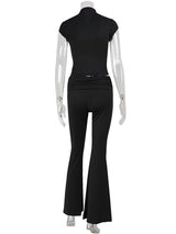 Ahagaga Sexy Women's Sets Short Sleeves Hollow Out Skinny Zipper Basic 2Pcs (Tops+Long Pants) High Street Turtleneck Reacksuits