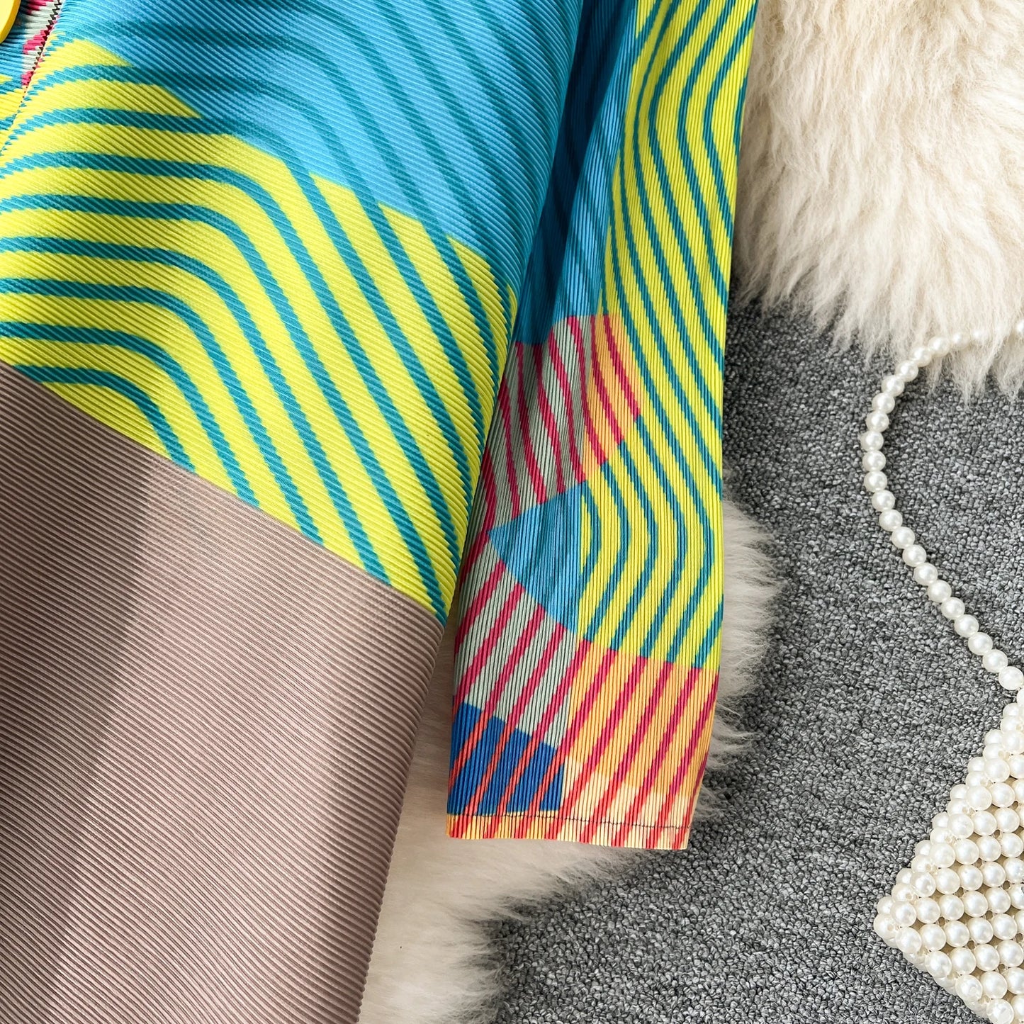Miyake Pleated Drape Dress – Colorblock Print, 3/4 Sleeve