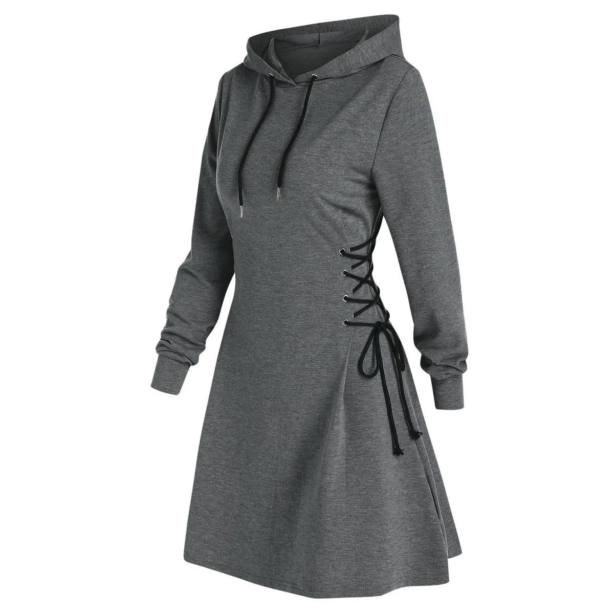 Women Autumn Sweatshirt Dresses Side Lace-Up Waist In Long Sleeve Solid Color Hooded Pullover Tops Casual Long Loose Hoodies