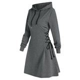 Women Autumn Sweatshirt Dresses Side Lace-Up Waist In Long Sleeve Solid Color Hooded Pullover Tops Casual Long Loose Hoodies