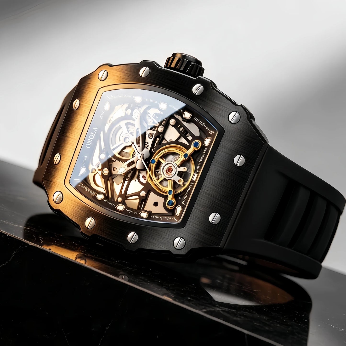 Fashion Luxury Men's Watch ONOLA Hollow Out Rudder Flywheel Fully Automatic Mechanical Waterproof Silicone Watches Clock