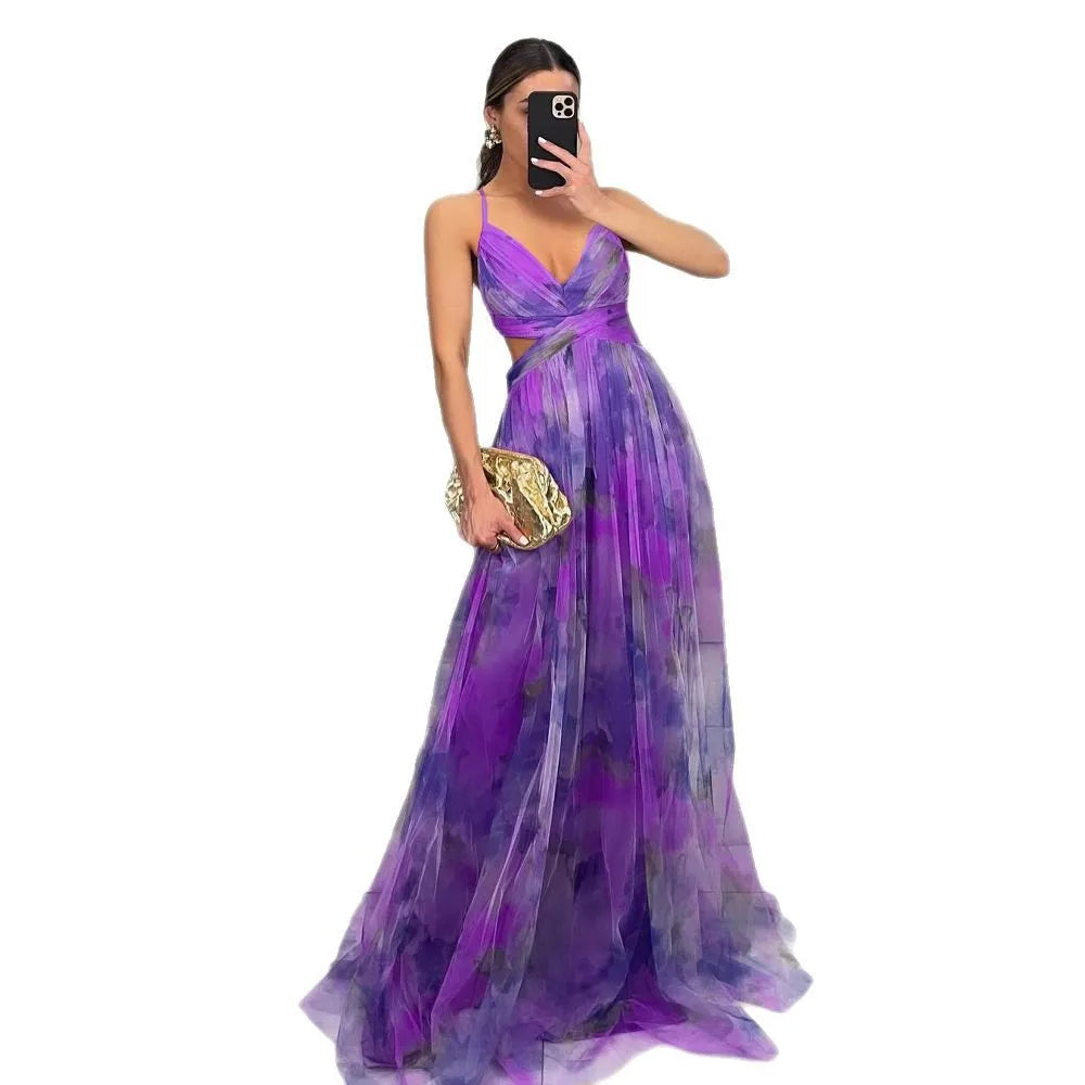 USA-Made Summer Floral Mesh Strap V-Neck Maxi Dress | Casual Holiday Party Long Skirt
