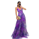 USA-Made Summer Floral Mesh Strap V-Neck Maxi Dress | Casual Holiday Party Long Skirt