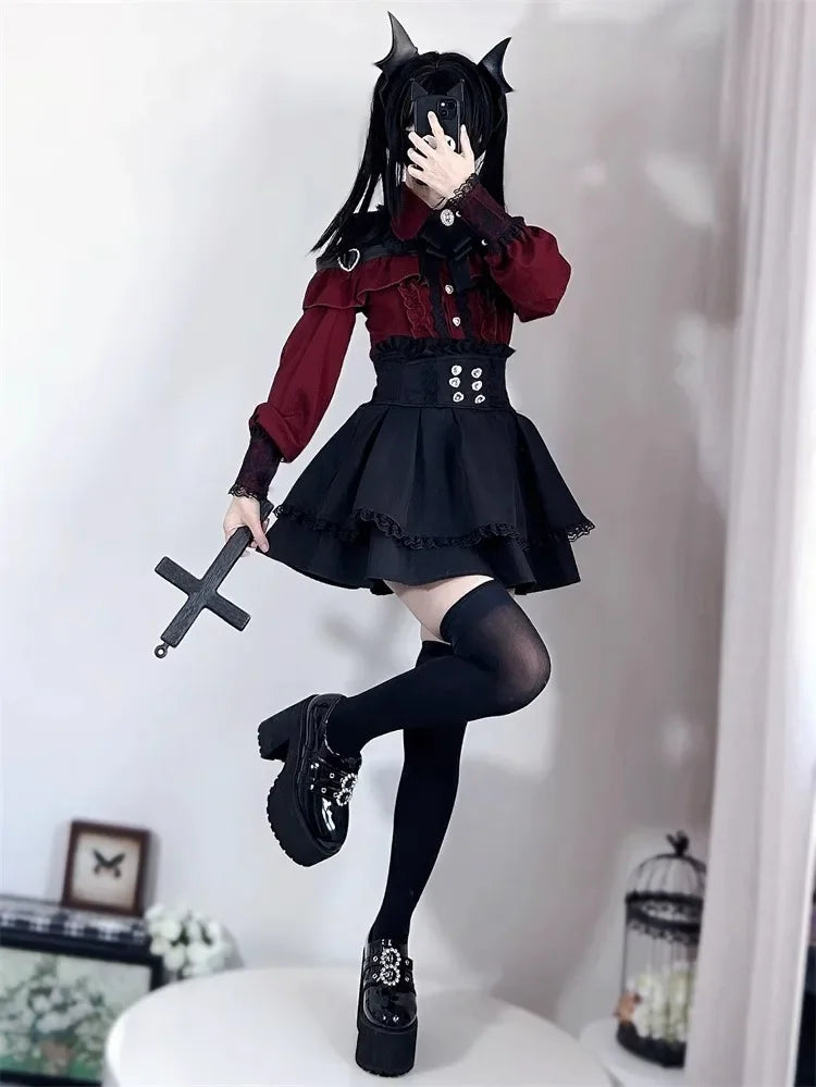 Women‘s Lolita Set Dark Femme Mesh Top & Waist Cinching Skirt, 2025 Autumn Japanese Street Style Coord for Gothic Baddie Fashion
