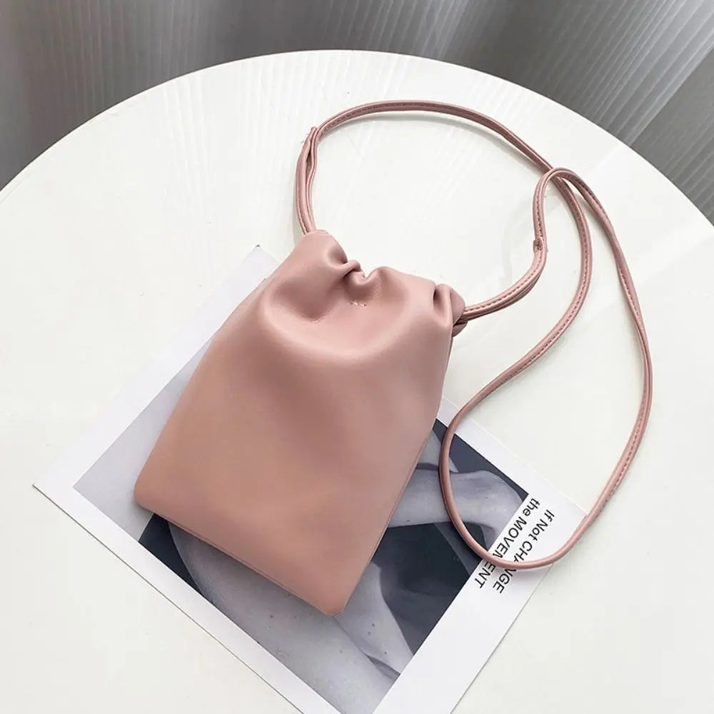 Portable Pu Leather Women Handbags Solid Flap Large Capacity Crossbody Bags Candy Color Mini Bucket Bag