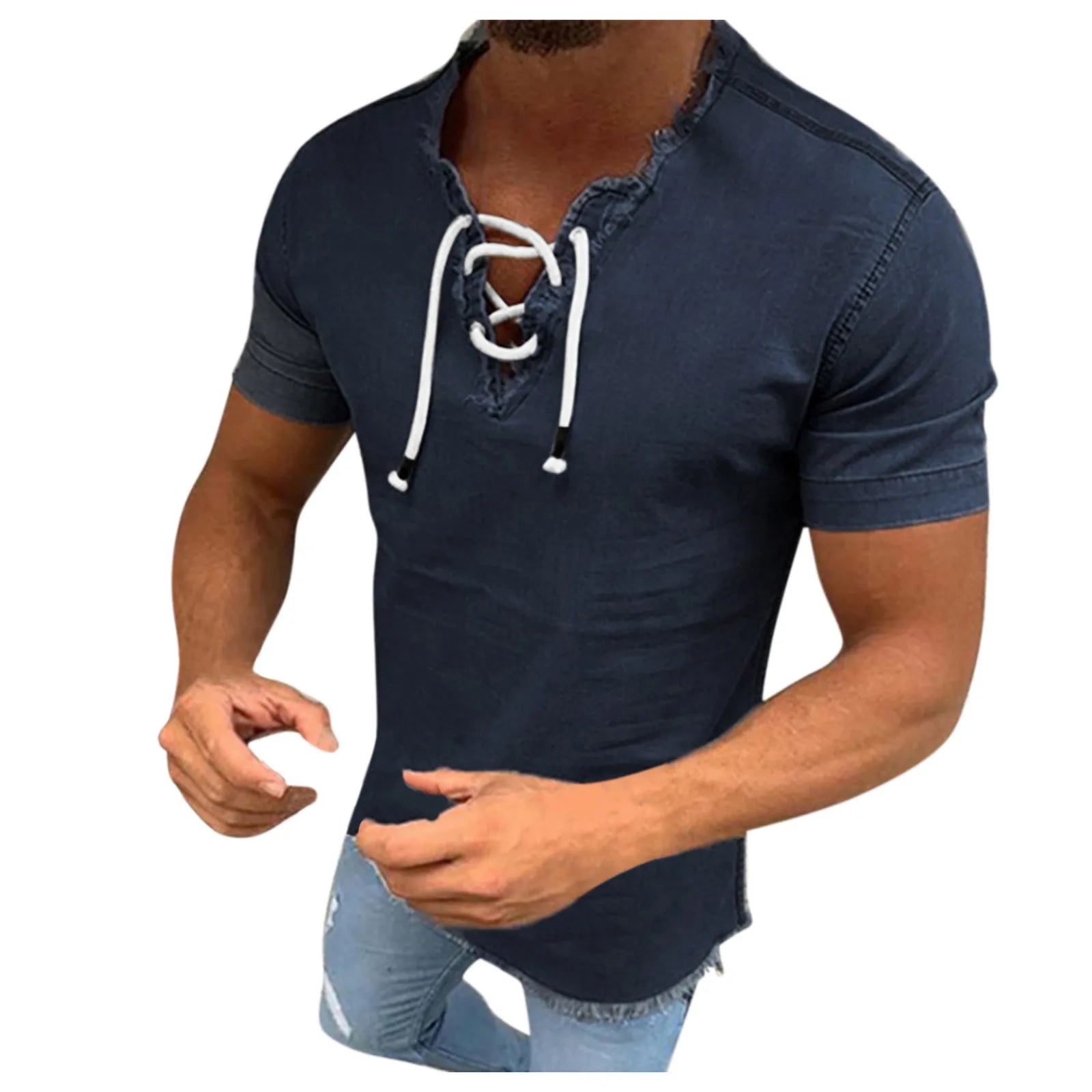 Jeans Shirt Jackets For Man Short Shirt Tops Male V Tassel Denim Solid Neck Sleeve Blouse Men рубашка мужская с длинным рукавом