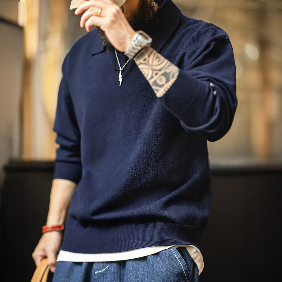 Maden Men's Vintage Long Sleeve Knit Polo