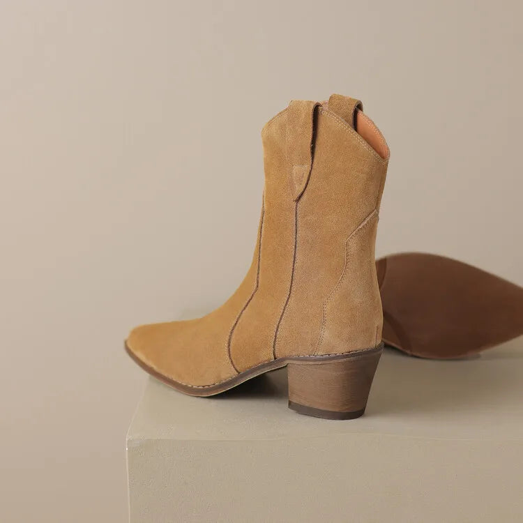2026 Autumn Cow Suede Women Boots Pointed Toe Chunky Heel Boots for Women Fashion Short Boots Winter Boots Women Western Boots