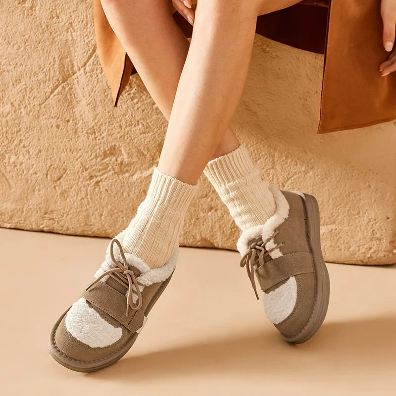 BeauToday Furry Flats Women | Cow Suede Warm Shoes