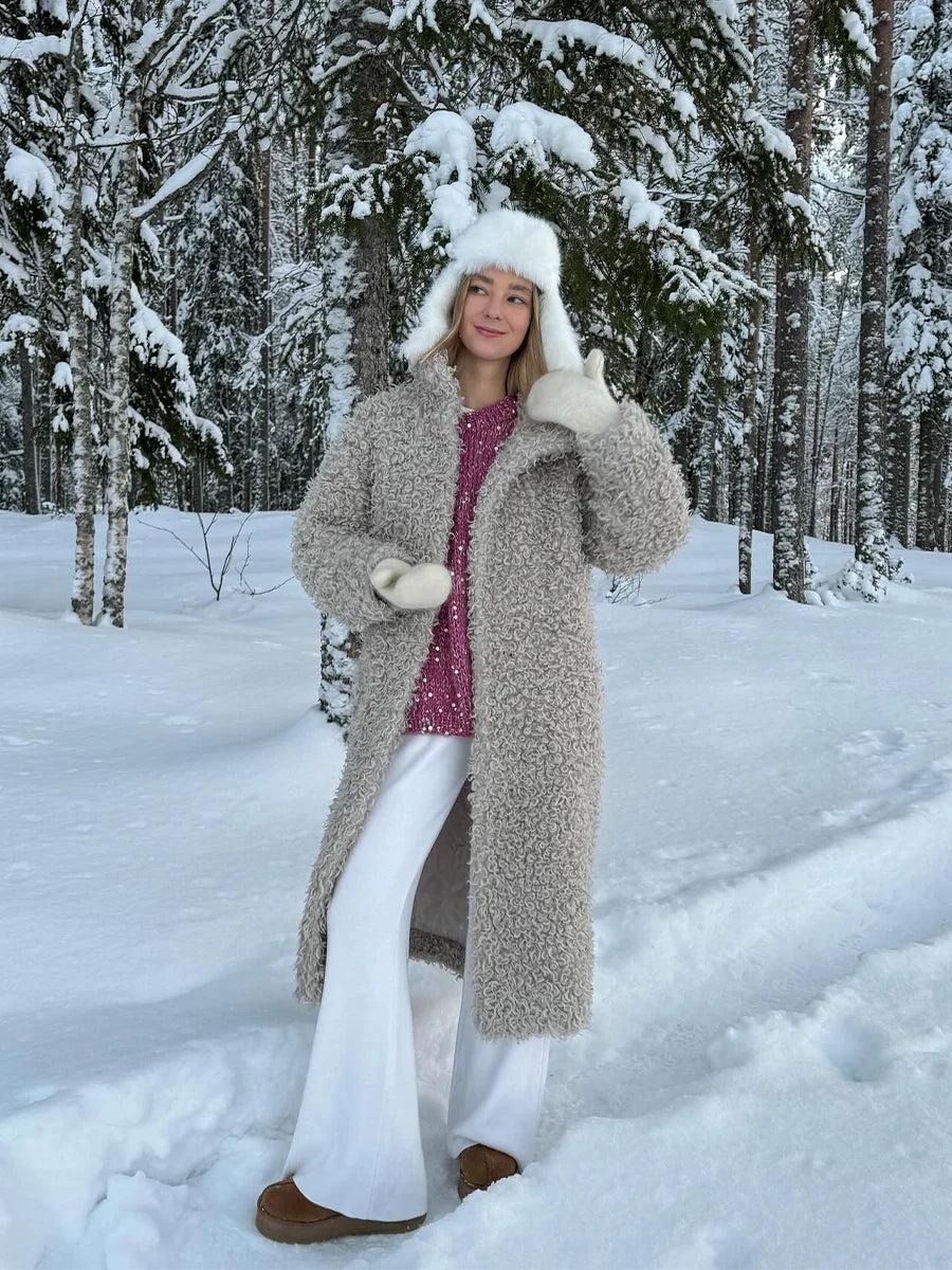 Gray Wool-Blend Faux Fur Maxi Coat