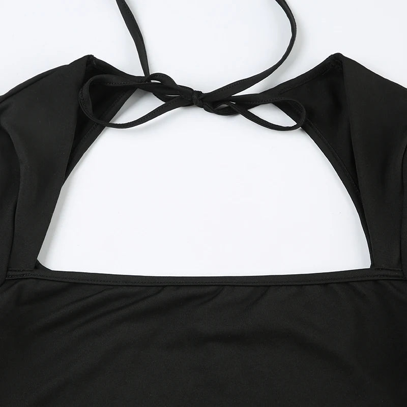 Autumn Black Square-Neck Backless Mini Dress - Long Sleeve Slim Fit Streetwear