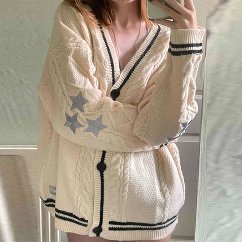 Chic Vintage Star Print Knit Cardigan - V-Neck Aesthetic Preppy Sweater