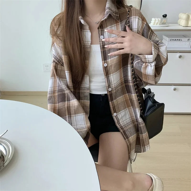 Vintage Plaid Long-Sleeve Blouse