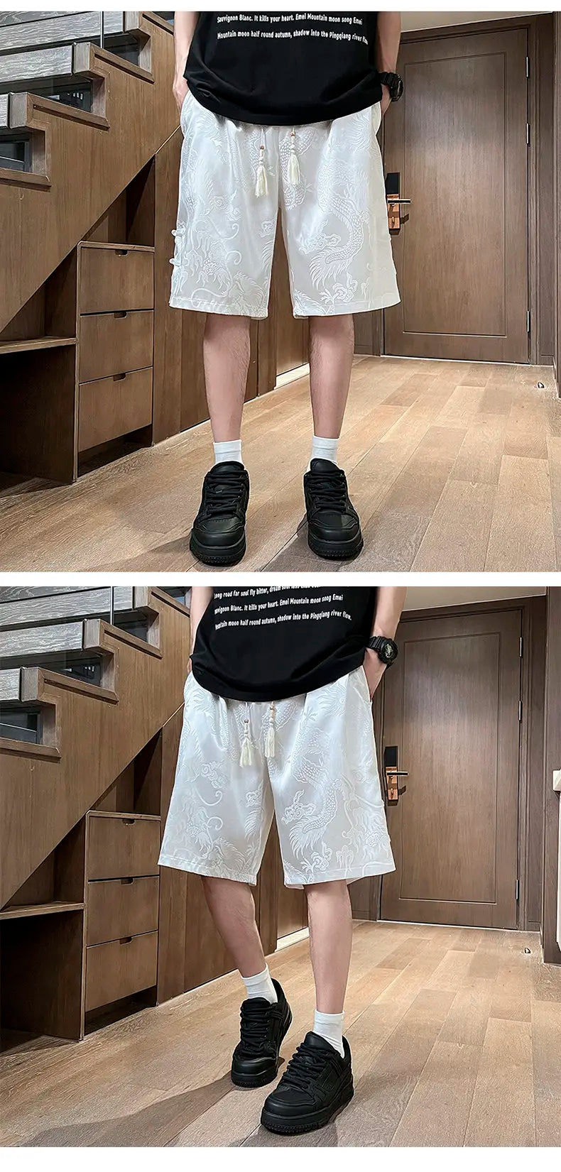 Men's Dragon Print Twill Shorts | Plus Size M–5XL