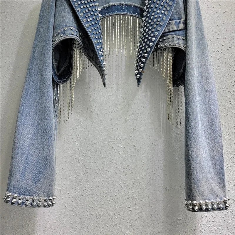USA-Made Rhinestone Tassel Denim Jacket | Crystal Fringe Backless Festival Coat