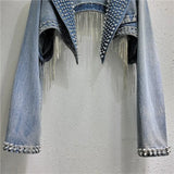 USA-Made Rhinestone Tassel Denim Jacket | Crystal Fringe Backless Festival Coat
