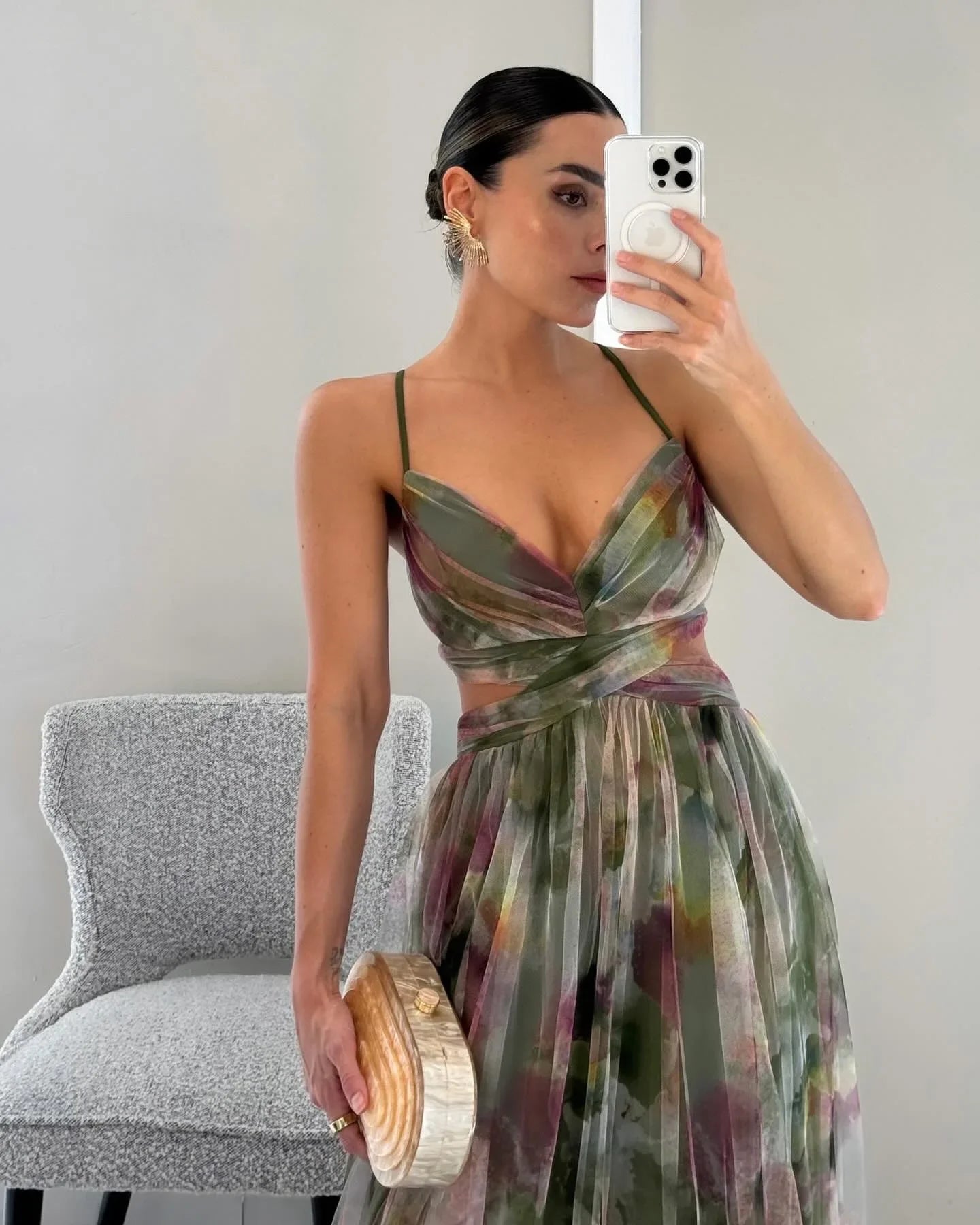 Off-Shoulder Lace Print Halter Maxi