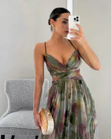 Off-Shoulder Lace Print Halter Maxi