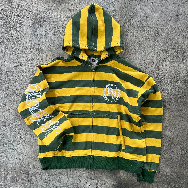 Y2K Striped Zip-Up Hoodie with Embroidery