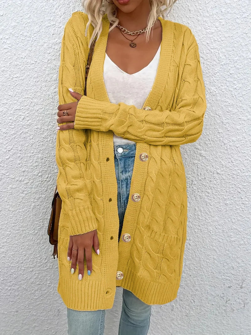 Women's Long Twisted-Knit Button-Front Cardigan Sweater