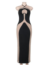 Elegant Mesh Patchwork Halter Gown