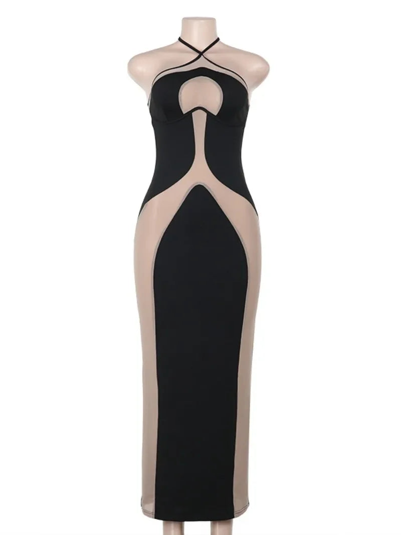 Elegant Mesh Patchwork Halter Gown