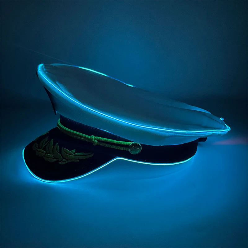 New Luminous White Sailor Captain Yacht Caps Wheat Embroidery LED Glow Navy Marine Hat Men Women Cosplay Halloween Costume Hats