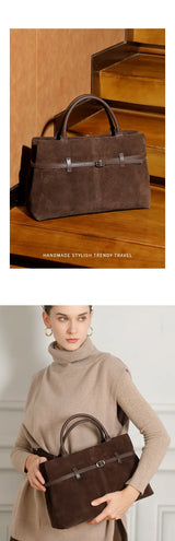 Oversized Suede Leather Briefcase Spacious Handheld Shoulder Crossbody Bag Women Slouchy Commuting Premium Light Luxury Handbag
