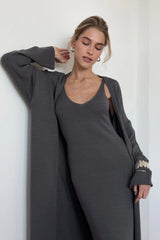 Hirsionsan Soft Loose Sets Women Two Pieces Long Sleeve Cardigan & Vest Dresses Elegant Female Hollow Outfits Cotton Tracksuit