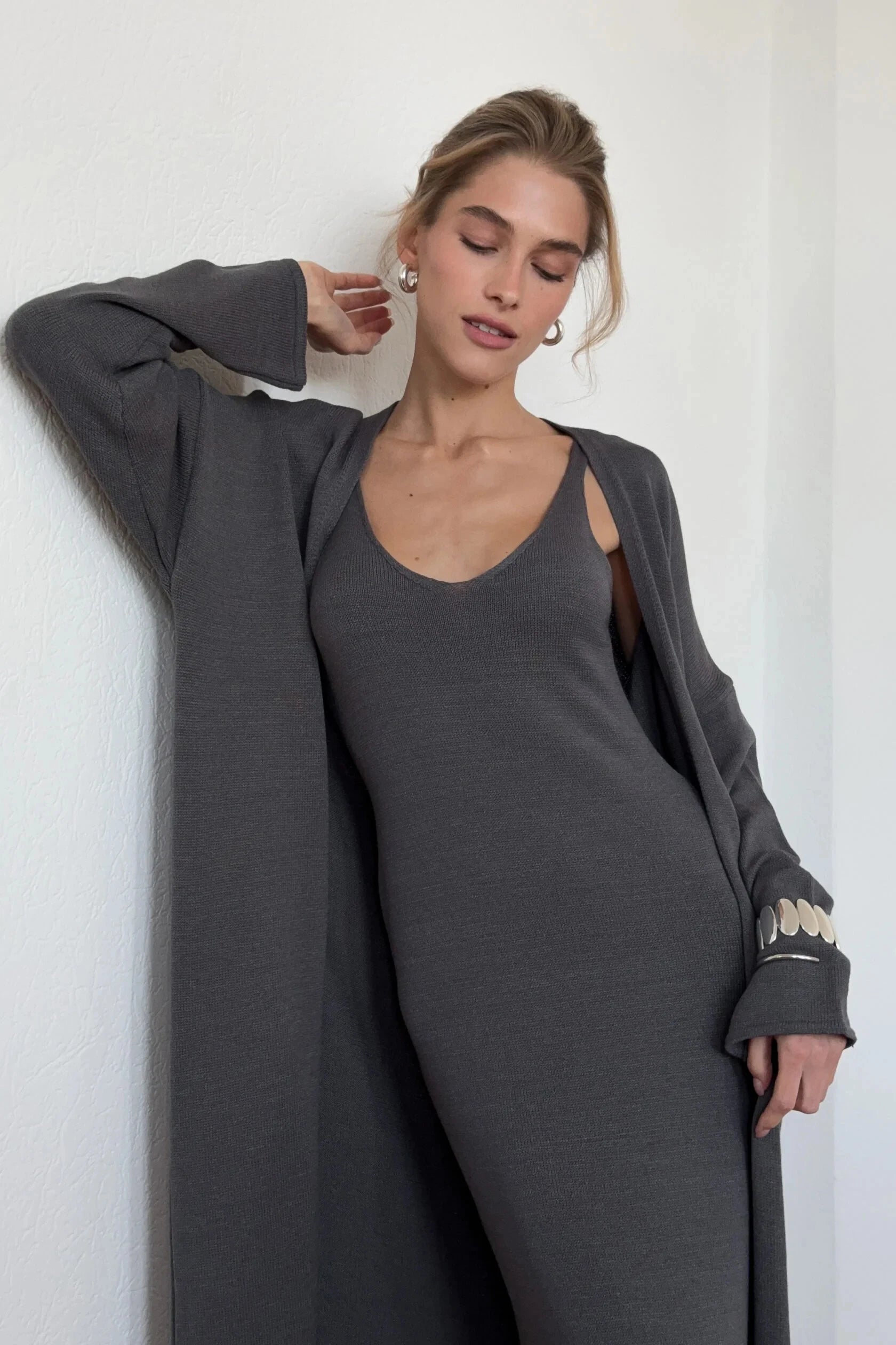 Hirsionsan Soft Loose Sets Women Two Pieces Long Sleeve Cardigan & Vest Dresses Elegant Female Hollow Outfits Cotton Tracksuit