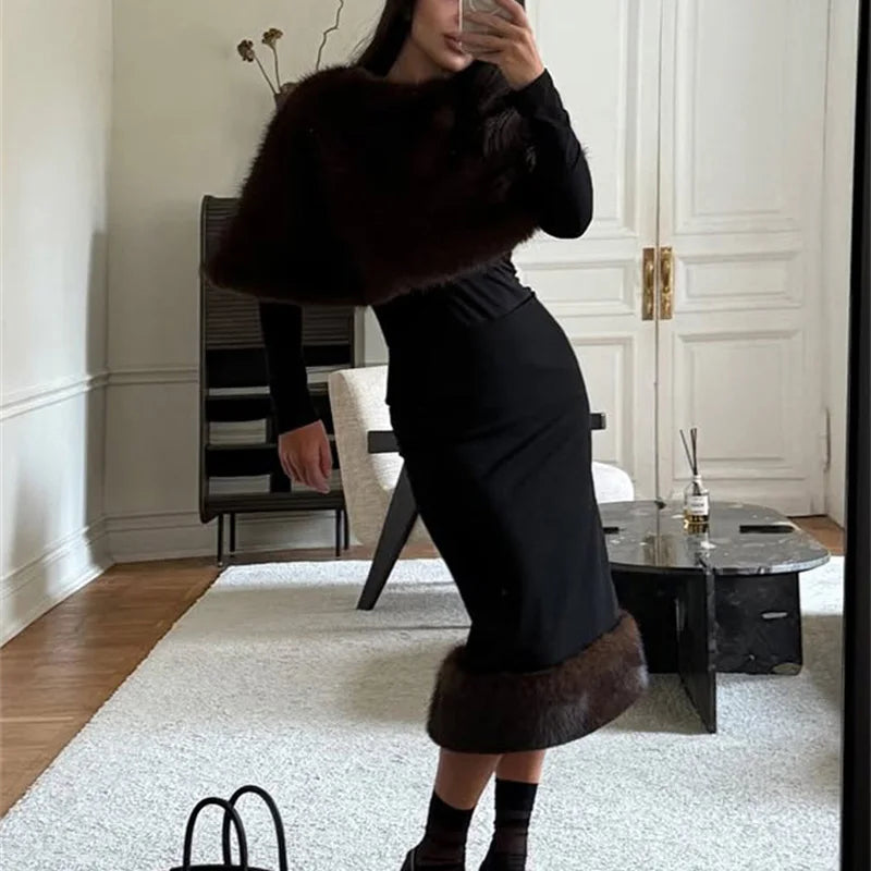 Elegant Fur & Feather 2-Piece Maxi Set