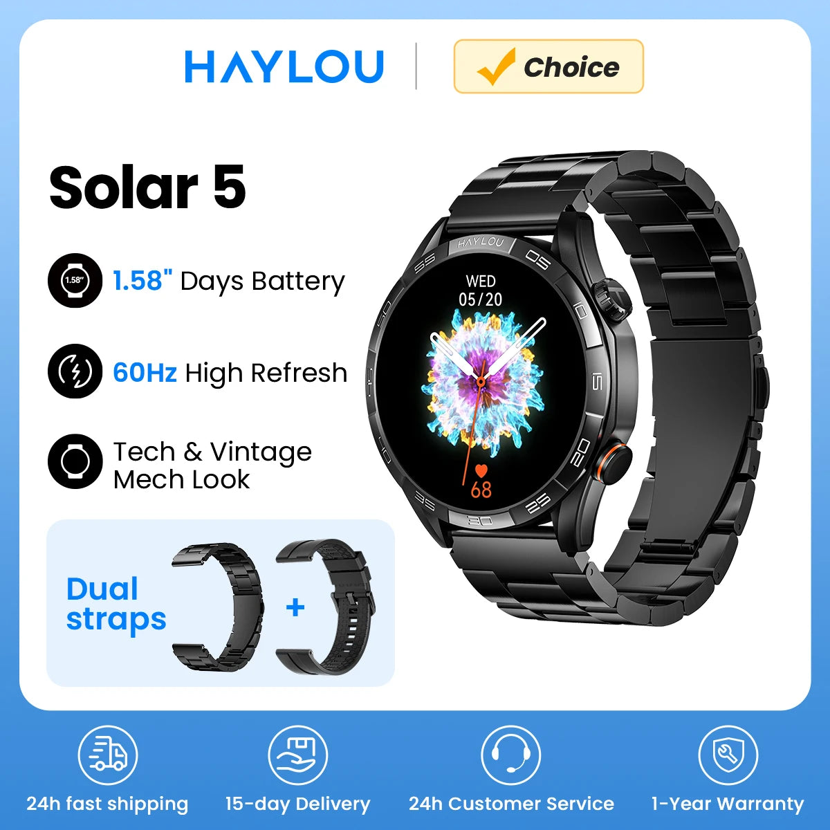HAYLOU Solar 5 Smartwatch – AMOLED, Bluetooth Calling