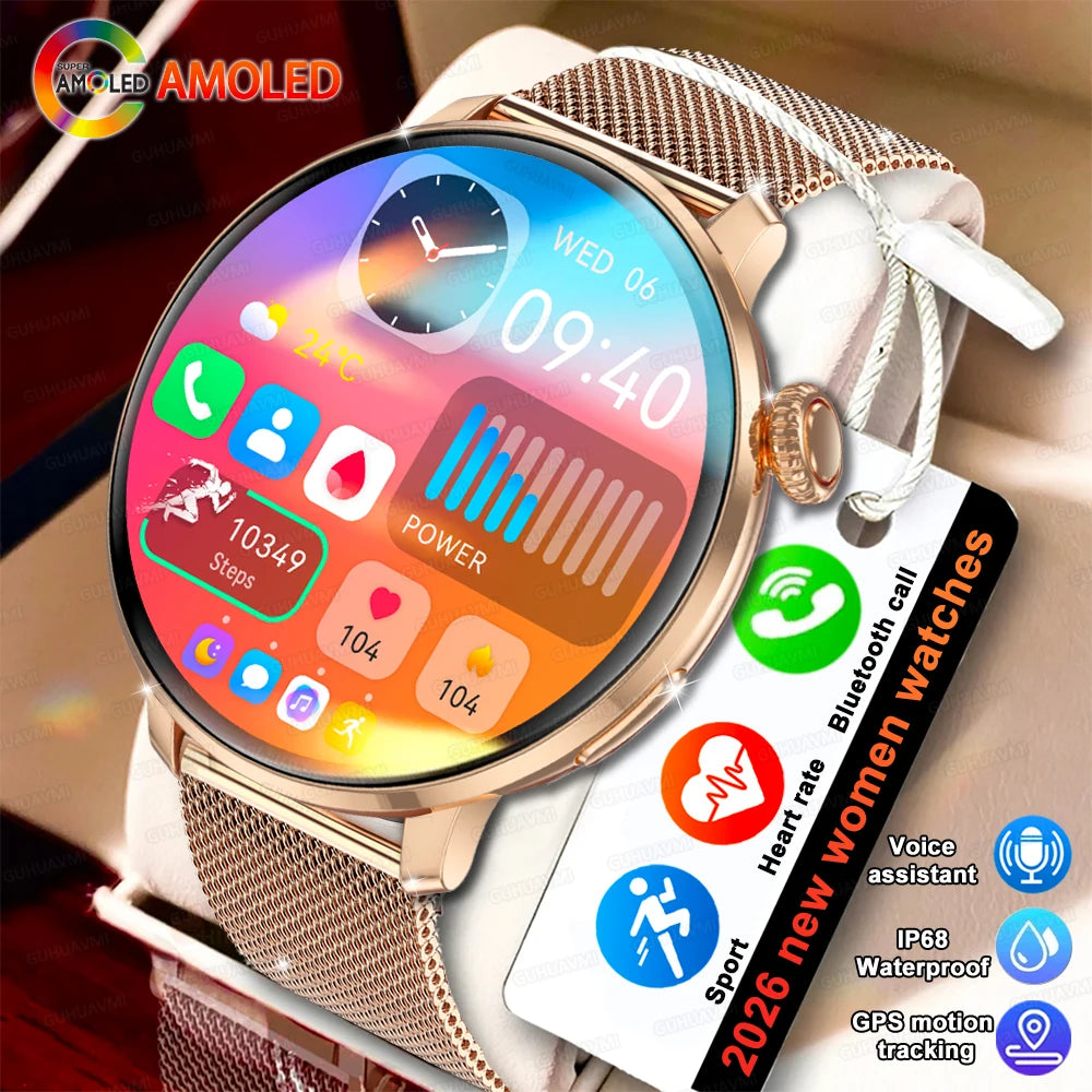 2026 New Lady Fashion Smart Watch women AMOLED HD Screen GPS Sport Heart Rate Bluetooth Call Waterproof Outdoor Smartwatch Women
