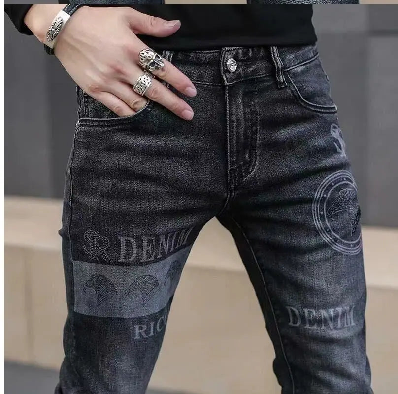 Men's Printed Stretch Slim Fit Denim Jeans