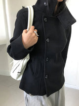 2026 Women's Minimalist Retro Stand up Collar Thick Coat, Asymmetrical Button Decoration, Slim Fit Long Sleeved Top, Winter