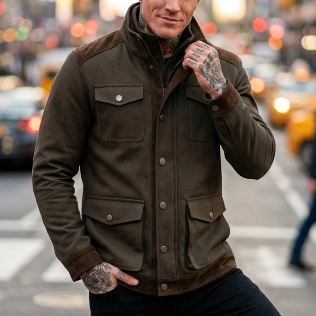New Denim Men's Jacket Multi-pocket Fake Two Coats Denim Contrast Jacket Suede Matching Design Men's Streetwear Men's Denim Top